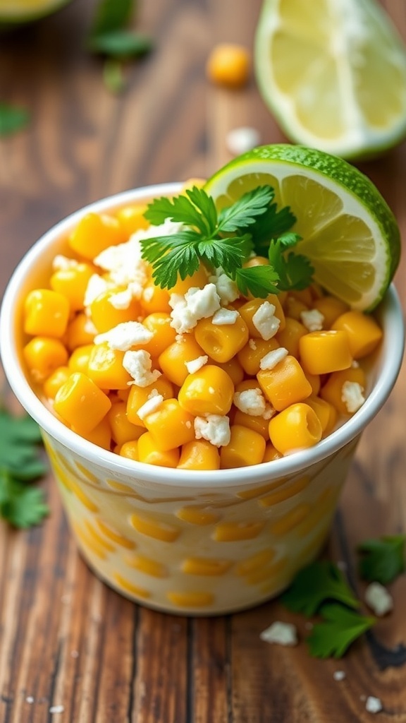 A delicious serving of corn esquites with corn kernels, cotija cheese, and cilantro in a cup, garnished with lime wedges.